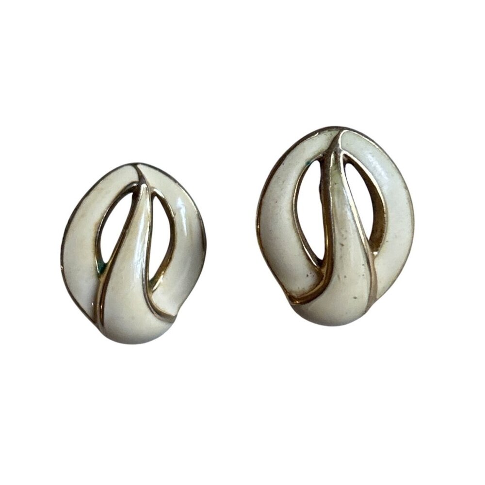 Monet Vintage Gold-Tone & Cream Enamel Earrings